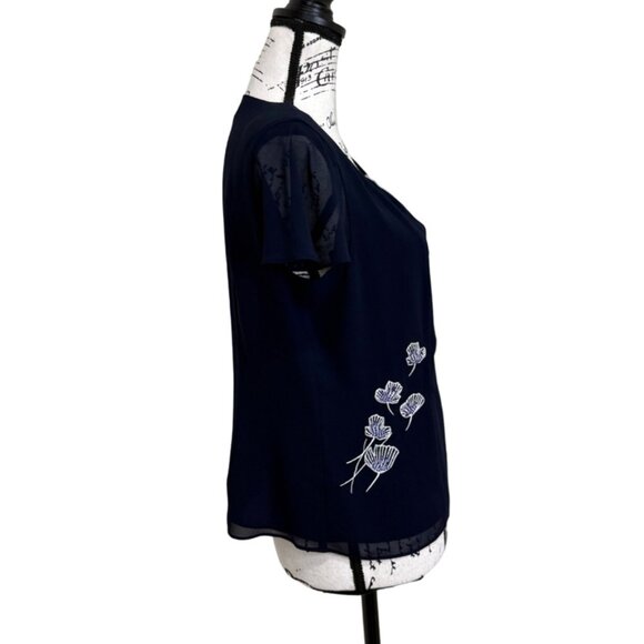 Jacques Vert Women's Size 10 Blouse Navy Blue Short Sleeve Top Floral Embroidery - Picture 2 of 9